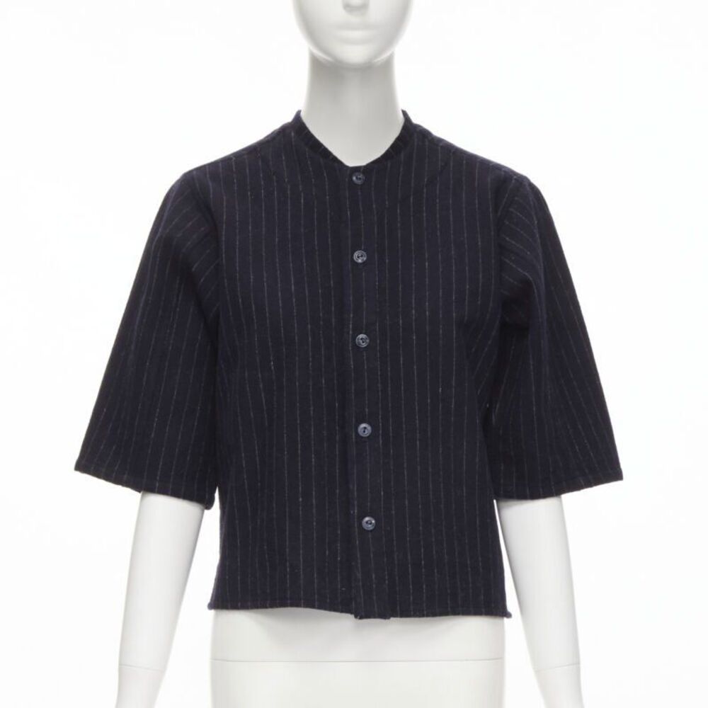 Comme des Garcons navy blue pinstripe wool baseball shirt